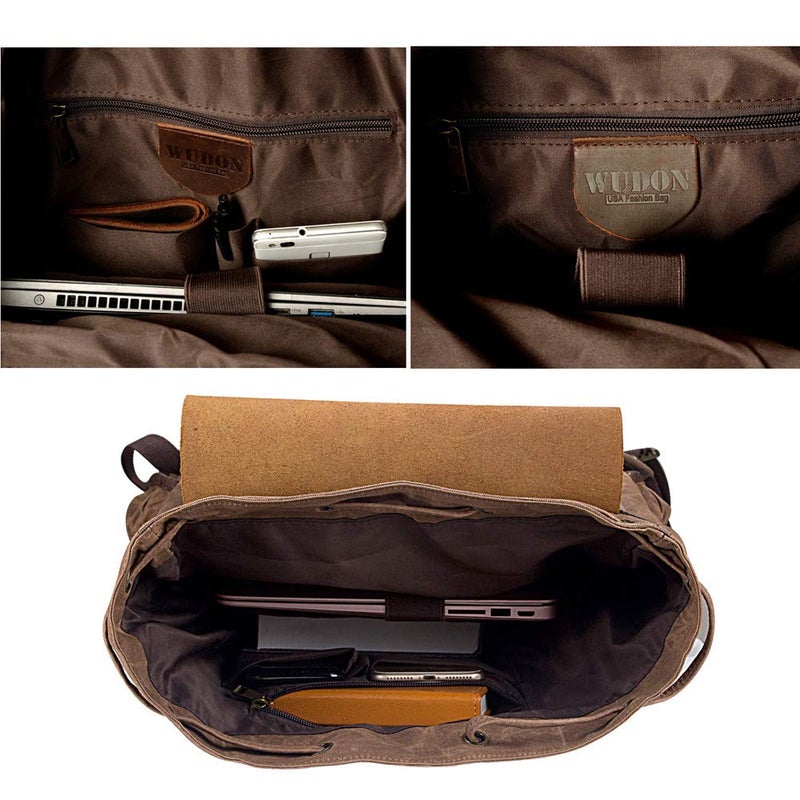 WUDON Leather Backpack for Men  Waxed Canvas Shoulder Rucksack Carry-On Travel Backpack - Image 4